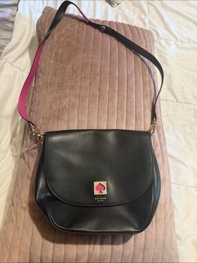 kate spade Black Leather Crossbody with Pink Accent Strap and Logo